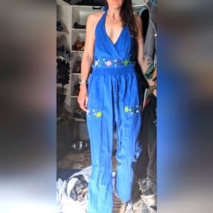Lobos Del Mar Mexican Hand Embroidered Floral Halter Jumpsuit